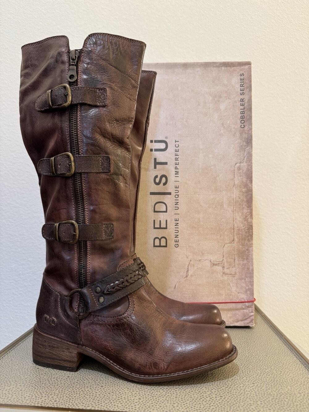 Bed Stu Skyla Teak Knee High Riding Leather Strap Boots Sz 6.5